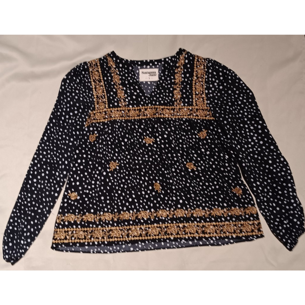 Savanna Jane Womens Black Embroidered Peasant Top V-Neck Prairie Size S Flowy